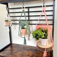 three hanging planters with plants in them on a shelf next to a potted plant