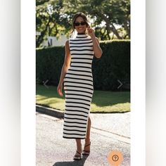 Midi Striped Dress Perfect For Summer Or Fall! Has A Beautiful High Neck. Stretchy And Comfortable. This Is New With Tags Never Worn.