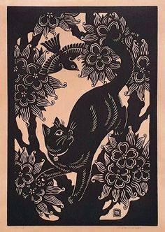 a black and white drawing of a cat on a tree with flowers in the background