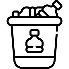 a black and white outline of a trash can with bottles in it, on a white background