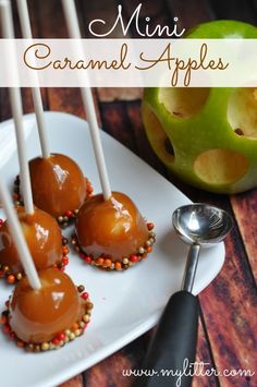 caramel apples are arranged on a white plate