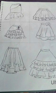 four different types of skirts drawn in pencil on top of a piece of white paper