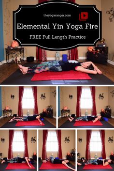 a man is doing yoga on a mat in the middle of a room with red curtains