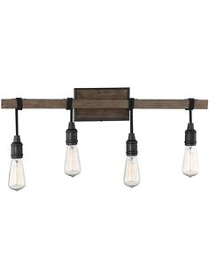 the three light vanity fixture is made from wood and has four bulbs on each side