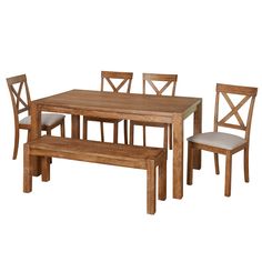 a wooden table with four chairs and a bench