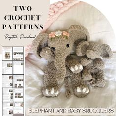 two crochet elephants are posed on a bed with the caption elephant and baby snugglers