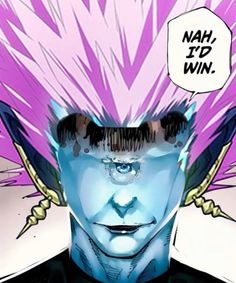 a comic character with purple hair and an evil look on his face that says nah, i'd win