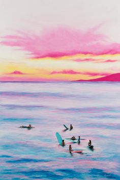 a painting of people on surfboards in the ocean at sunset with pink and blue clouds