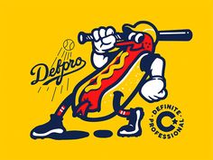 a drawing of a hot dog with a baseball bat in his hand and the words deppo written on it