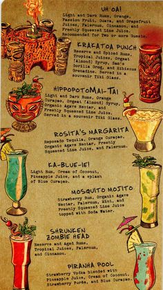 an old menu with different types of drinks