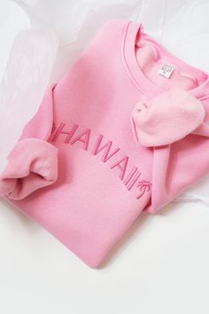 Embroidered Hawaii Sweatshirt/ Hawaii Crewneck/ The Aloha State Sweatshirt / Unisex Crewneck / Embroidered State Sweatshirt Casual Pink Fleece Sweater, Casual Pink Crew Neck Sweater, Pink Relaxed Fit Crew Neck Sweater, Fleece Crew Neck Sweater With Letter Embroidery, Pink Casual Crew Neck Sweater, Pink Crew Neck Sweater With Ribbed Cuffs, Pink Crew Sweatshirt With Embroidered Logo, Pink Fleece Sweatshirt With Letter Print, Crew Sweater With Embroidered Logo For Loungewear