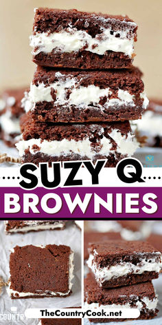 chocolate brownies are stacked on top of each other with white frosting in the middle