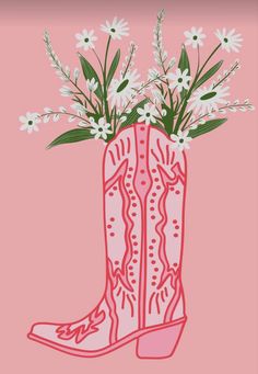 a pink cowboy boot with white flowers in it on a pink background by corbi