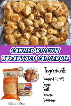 an advertisement for baked biscuit breakfast casserole, with ingredients in the background