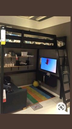 there is a loft bed with a tv on the top and shelves above it in this room