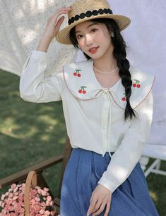 Long sleeve button up shirt with an oversized peter pan collar embroidered with cherries and scallop edges. S: 18" across shoulders, 37" chest, 23" lengthM: 18.5" across shoulders, 38.5" chest, 23" lengthL: 19" across shoulders, 40" chest, 23" lengthXL: 19.5" across shoulders, 41.5" chest, 23" length Casual Spring Blouse With Collar, Cute Collared Summer Shirt, Cute Collared Shirt For Summer, Casual Blouse With Floral Embroidery Collar, Fall Cotton Blouse With Cute Collar, Casual Collared Blouse With Floral Embroidery, Casual White Blouse With Boho Collar, White Blouse With Collar For Spring, Cotton Blouse With Cute Collar For Fall