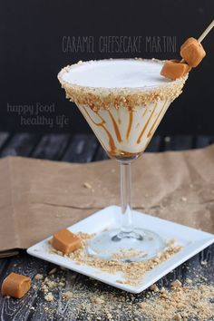 the caramel cheesecake martini is ready to be served