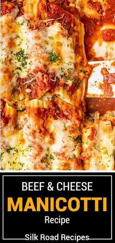 beef and cheese manicotti recipe with text overlay