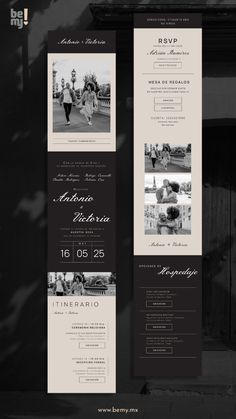 the wedding stationery is displayed in black and white, with an image of two people walking