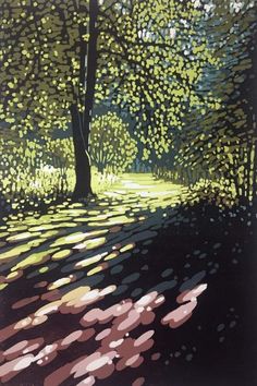 an abstract painting of trees and grass in the sun shining through leaves on the ground