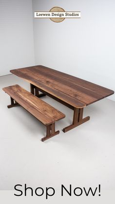 a wooden table and bench sitting next to each other with the words, shop now