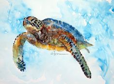 a watercolor painting of a turtle swimming in the blue ocean with clouds behind it