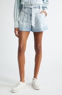 Wide rolled cuffs add to the rustic vibe of these tie-belted shorts cut from gorgeously faded all-cotton denim. 3 1/2" inseam; 32" leg opening; 14" front rise; 16" back rise (size 2/8) Zip fly with button closure Front slant pockets; back welt pocket Removable belt 100% cotton Dry clean Imported Designer Clothing Light Wash Cotton Jean Shorts With Belt Loops, Relaxed Fit Denim Shorts With Rolled Hem, Relaxed Fit Jean Shorts In Medium Wash, Relaxed Fit Jean Shorts Medium Wash, Relaxed Fit Medium Wash Shorts With Rolled Hem, Relaxed Fit Denim Jean Shorts With Rolled Hem, Medium Wash Relaxed Fit Jean Shorts With Belt Loops, Medium Wash Cotton Shorts With Rolled Hem, Relaxed Fit Medium Wash Shorts With Belt Loops