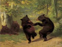 three brown bears are playing in the woods with each other and one bear has its paw on another bear's back