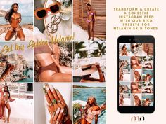 a collage of photos with women in bikinis and accessories