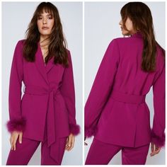 Nasty Gal Feather Cuff Belted Berry Pink Blazer Jacket. Deep V Collard Neckline. Removable Feather Trim At Cuffs. Belt In Front Or Back. Belt Loops At Sides. Berry Colorway. 97% Polyester / 3% Elastane. Machine Wash. Size: 20 Armpit To Armpit: 28 Inches Length: 32 Inches Condition: New With Tags All Measurements Are Approximate And Taken With The Item Lying Flat. I Do Not Trade Or Model. Thank You So Much For Your Interest! Chic Purple Outerwear For Spring, Chic Purple Outerwear For Work, Purple Formal Outerwear For Spring, Formal Purple Outerwear For Spring, Purple Long Sleeve Outerwear For Office, Trendy Purple Long Sleeve Blazer, Trendy Purple Blazer For Fall, Trendy Purple Fall Blazer, Purple Lapel Collar Outerwear For Office