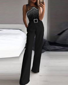 Black Sleeveless Studded Bandage Jumpsuit Spring Soiree, Womens Summer Jumpsuits, Black Sleeveless Jumpsuit, Women's Jumpsuit, Bandage Jumpsuits, Polka Dot Jumpsuit, Pocket Jumpsuit, Designer Jumpsuits, Jumpsuit Outfit