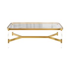 a gold coffee table with clear glass top and two legs, on a white background