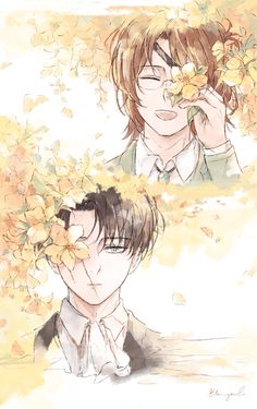 two anime characters with flowers in their hair, one holding the other's face