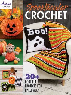 crochet book cover with pumpkins and other items