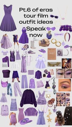 a collage of purple and white items with text that reads p t 6 eras tour film outfit ideas speak now