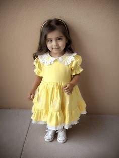 ✿ABOUT THIS DRESS ✓This gorgeous yellow linen dress will make your little girl feel special. ✓With daisy flower embroidery on the neckline and a 360-degree full-circle skirt, this dress is the perfect statement piece for your little girl's wardrobe.  ✓The dress also has a cotton lining in the bottom layer to increase your child's comfort. ✿FABRIC INFORMATION ✓ Aerobin linen and cotton fabric.  ✓ The color of your item may vary slightly from what you see on your screen because all monitors displa Cute Yellow Embroidered Dress, Yellow Toddler Dress, Daisy Flower Embroidery, Summer Outfits Kids, Daisy Dress, Yellow Daisy, Baby Yellow, Full Circle Skirts, Embroidered Linen