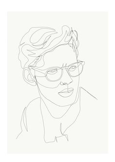 a black and white drawing of a man with glasses