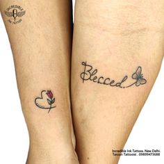 two people with tattoos on their legs that say,'beceld'and have hearts