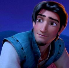 the animated character is looking at something in front of his face and chest, while wearing a blue vest