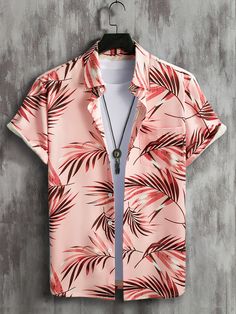 Coral Pink Boho Collar Short Sleeve Fabric Tropical Shirt Embellished Non-Stretch Summer Men Tops Cheap Tropical Style Men's Tops, Pink Tropical Camp Shirt With Short Sleeves, Cheap Tropical Men's Camp Shirt, Men Printed Shirt, Cheap Men's Tropical Print Shirt, Shirt For Men Casual, Hawaiian Outfit Men, Belle Shirt, Tropical Print Short Sleeve T-shirt