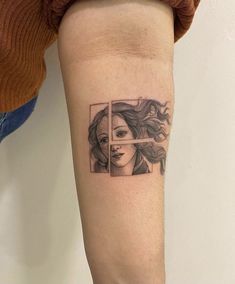 a woman's arm with a tattoo on it that has a photo of her face