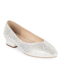 a women's white shoe with silver sequins on the toe and heel