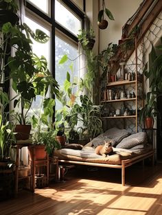 a cat is laying on a bed in the middle of a room filled with potted plants