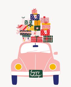 a pink car with presents on top