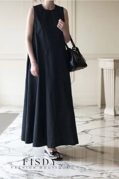 Fisdy - Elegant Sleeveless Maxi Dress in Onyx Black Korean, Black Linen Dress, Color Skirt, Office Dresses For Women, Loose Maxi Dress, Korean Dress, Ladies Gown, Long Dress Casual, Skirt Skirt