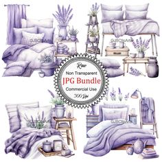 watercolor lavender bedding set with pillows, blankets and other things to put on the bed