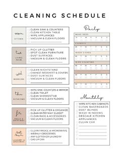 the cleaning schedule is shown in this printable version, and includes several different items