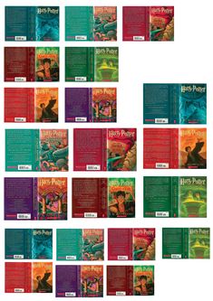 the harry potter book collection is shown in many different colors and sizes, including red, green