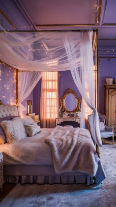 a bedroom with purple walls and white drapes on the ceiling, along with a canopy bed