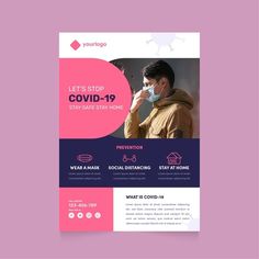 a pink and blue flyer for a covidi - 19 event with a man wearing a